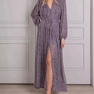 NEW Senlis Purple Bird Puff Sleeve Maxi Dress
